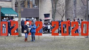 People gather on the eve of Groundhog Day in Punxsutawney, Pennsylvania