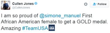 Ein Tweet von Cullen Jones lautet: "Ich bin so stolz auf @simone_manuel Erste afroamerikanische Frau, die eine GOLD-Medaille bekommt. Erstaunlich #TeamUSA"