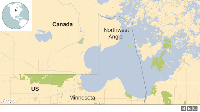 Kaart met de ligging van de Northwest Angle