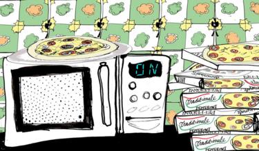 ilustrarea unei pizza deasupra unui cuptor cu microunde