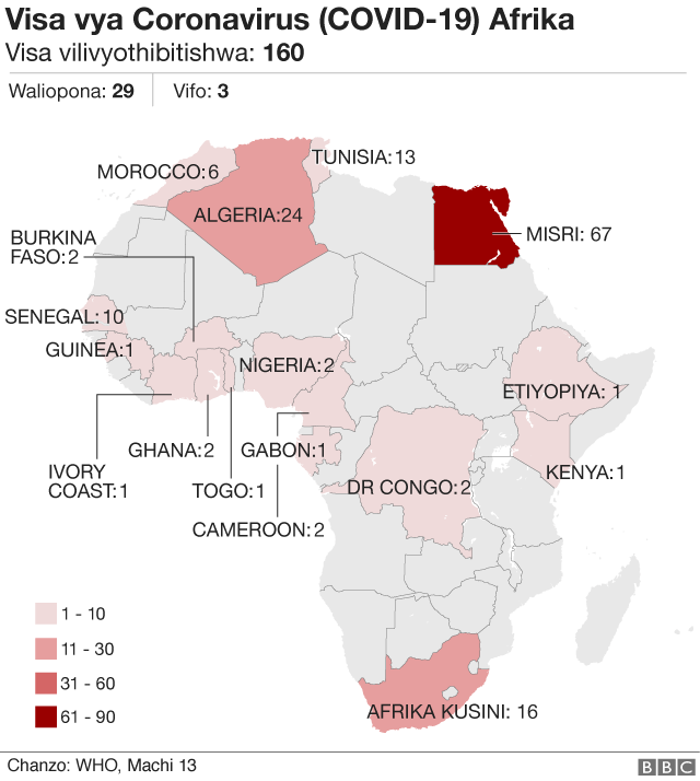 Ramani ya Afrika maeneo yaliyokumbwa na coronavirus