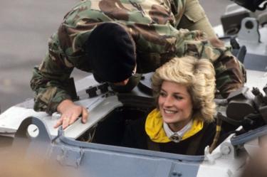 British Princess Diana drives in a tank on the occasion of her visit of British troops in West Berlin on the 18th of October in 1985.