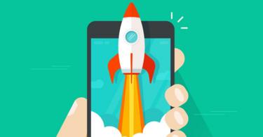 Ilustração representa um smartphone super rápido, com a imagem de um aparelho junto com um foguete