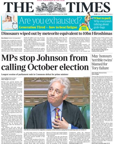 The Times front page 10 September 2019