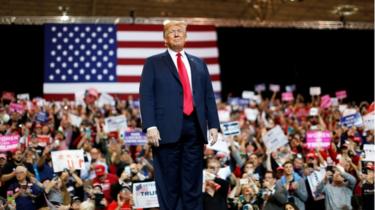 U.S. President Donald Trump is applauded during a campaign rally in Cleveland, Ohio