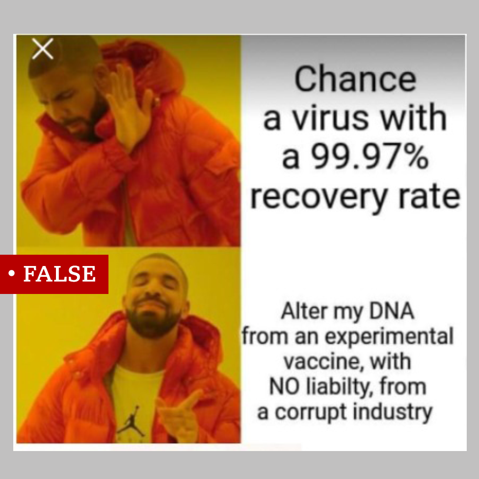 um meme rotulado" false "mostra o rapper Drake gesturando como se estivesse se escondendo ao lado do texto" Chance a virus with a 99.97% recovery rate."e então olhando feliz ao lado do texto" Alterar meu DNA de uma vacina experimental, sem responsabilidade, de uma indústria corrupta""false" it shows rapper Drake gesturing as if he is hiding alongside the text "Chance a virus with a 99.97% recovery rate." and then looking happy alongside the text "Alter my DNA from an experimental vaccine, with NO liability, from a corrupt industry"