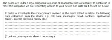 A screenshot of part of a consent form for 'digital device extraction', provided by the National Police Chiefs Council