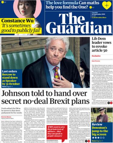 Guardian front page 10 September 2019