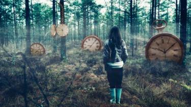 Concept of time and choosing your right path: there's a woman standing in the middle of a foggy forest, with big clocks scattered all around.