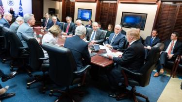 President Donald J. Trump, joined by Vice President Mike Pence, meets with Republican and Democratic congressional leadership Wednesday, Jan. 2, 2019, in the Situation Room of the White House.