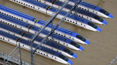 Bullet train rail yard is seen flooded due to heavy rains caused by Typhoon Hagibis in Nagano, central Japan, October 13, 2019