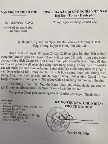 Công văn khen ngợi bài thơ của thủ tướng Nguyễn Xuân Phúc