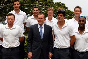 Tony Abbott with Ian Bell and Alastair Cook