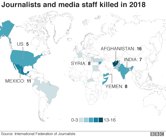 Global map showing countries with highest number of media deaths in 2018