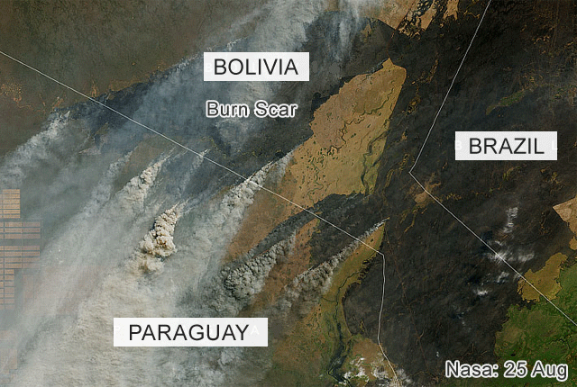 Immagine satellitare degli incendi in Bolivia e Paraquay