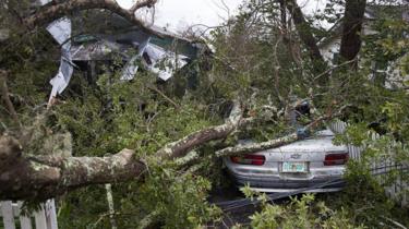 A tree lays on a home and car after Hurricane Michael passed through Panama City, Florida, 10 October 2018