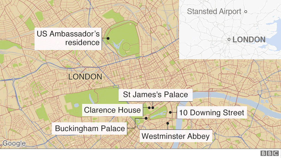 Map showing key locations for Mr Trump's visit