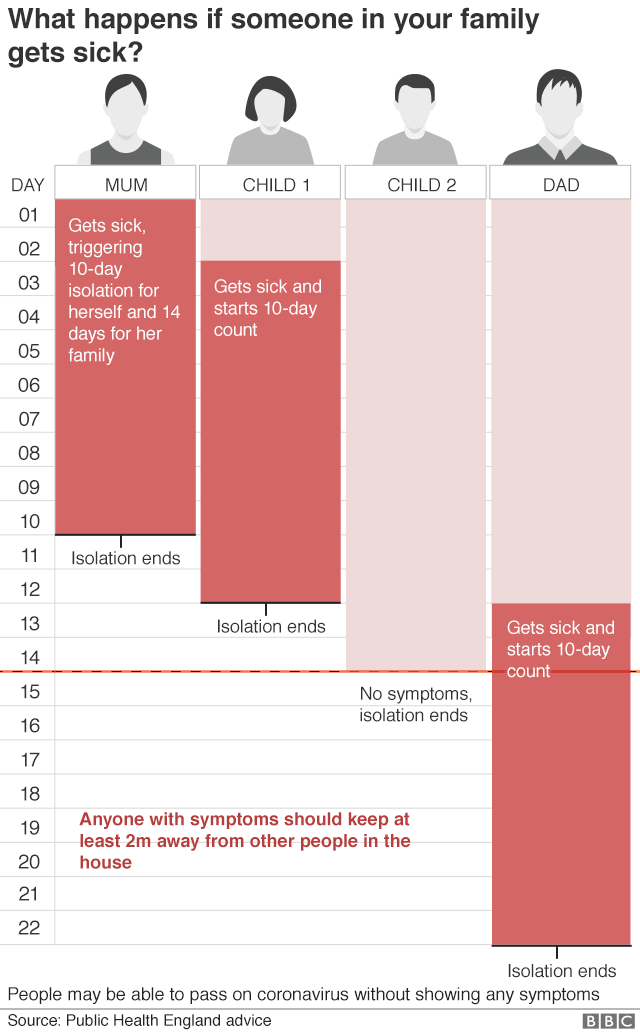 Gráfico mostrando como uma família deve auto-isolar-se na mesma casa