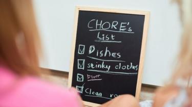 Un tableau noir avec une liste (en écriture d'enfant) de corvées à faire : Vaisselle ; vêtements puants etc