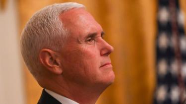 US Vice President Mike Pence looks on during the 2019 Young Black Leadership Summit in the East Room of the White House in Washington