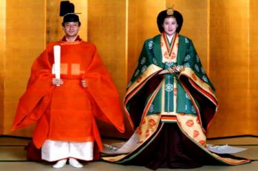 Crown Prince Naruhito and Masako Owada pictured in full traditional Japanese Imperial wedding costumes in 1993