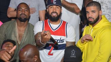 Kanye West, Kenny Burns e Drake a festejar juntos em 2015