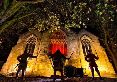 Brothers, Halfdan Ragnarsson, Ubba Ragnarsson and Ivarr the Boneless start the countdown to the next Jorvik Viking Festival in York, UK. 31 October 2017.