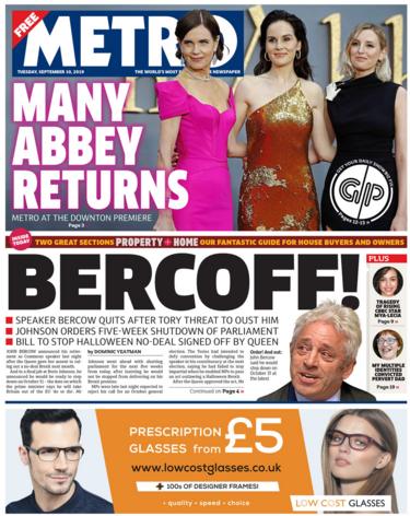 Metro front page Tuesday 10 September 2019