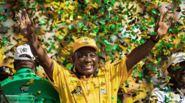 Cyril Ramaphosa waves at thousands of supporters after delivering his speech at the Ellis Park stadium in Johannesburg, on May 5, 2019