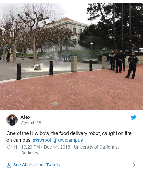 Twitter post by @AlexLi98: One of the Kiwibots, the food delivery robot, caught on fire on campus. #kiwibot @kiwicampus 
