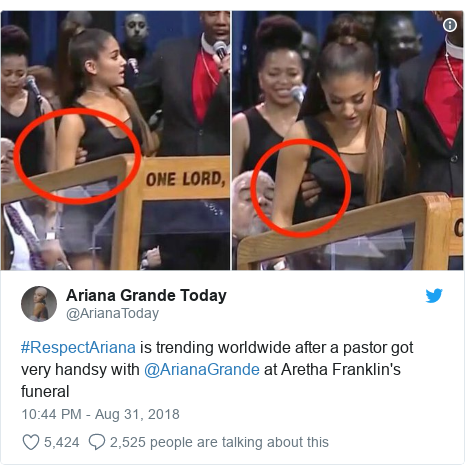 Twitter post by @ArianaToday: #RespectAriana is trending worldwide after a pastor got very handsy with @ArianaGrande at Aretha Franklin's funeral 