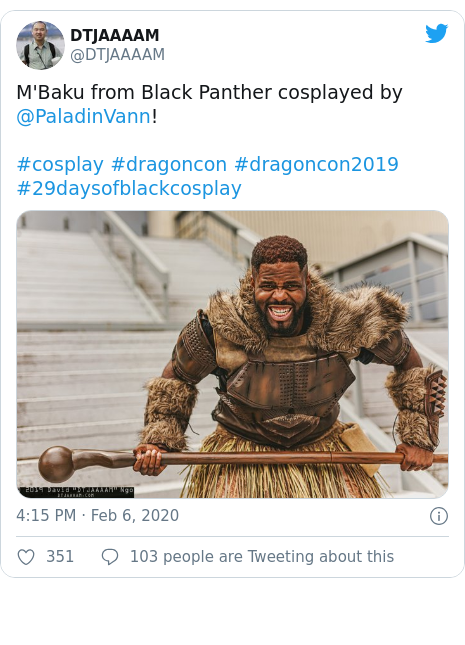 Twitter post by @DTJAAAAM: M'Baku from Black Panther cosplayed by @PaladinVann!#cosplay #dragoncon #dragoncon2019 #29daysofblackcosplay