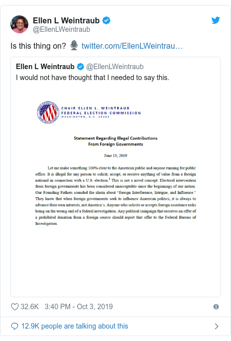 Twitter post by @EllenLWeintraub: Is this thing on? 🎙 