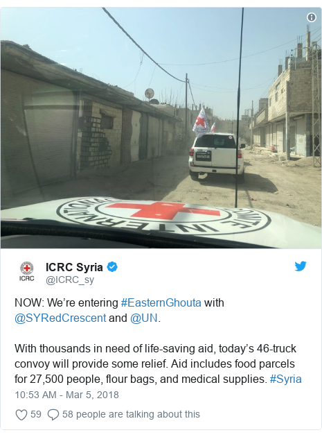 Twitter post by @ICRC_sy: NOW  We’re entering #EasternGhouta with @SYRedCrescent and @UN. With thousands in need of life-saving aid, today’s 46-truck convoy will provide some relief. Aid includes food parcels for 27,500 people, flour bags, and medical supplies. #Syria 