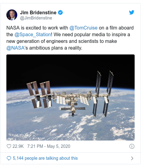 Twitter post by @JimBridenstine: NASA is excited to work with @TomCruise on a film aboard the @Space_Station! We need popular media to inspire a new generation of engineers and scientists to make @NASA’s ambitious plans a reality. 