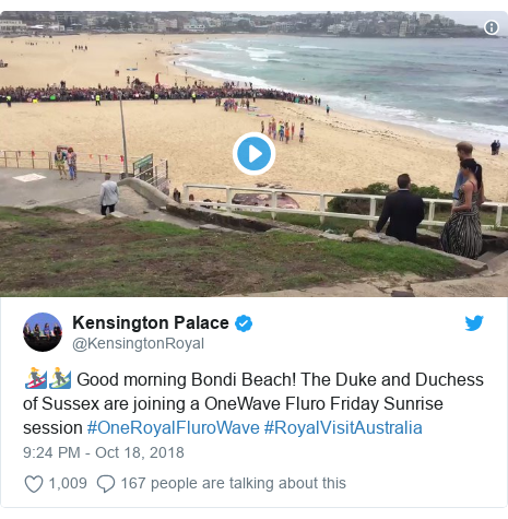 Twitter post by @KensingtonRoyal: 🏄‍♀️🏄‍♂️ Good morning Bondi Beach! The Duke and Duchess of Sussex are joining a OneWave Fluro Friday Sunrise session #OneRoyalFluroWave #RoyalVisitAustralia 