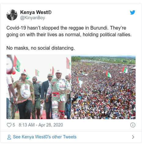 Twitter ubutumwa bwa @KinyanBoy: Covid-19 hasn’t stopped the reggae in Burundi. They’re going on with their lives as normal, holding political rallies.No masks, no social distancing. 