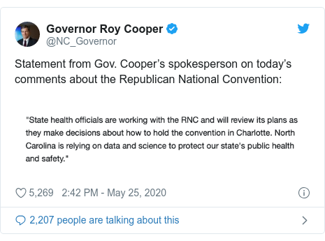 Twitter post by @NC_Governor: Statement from Gov. Cooper’s spokesperson on today’s comments about the Republican National Convention  