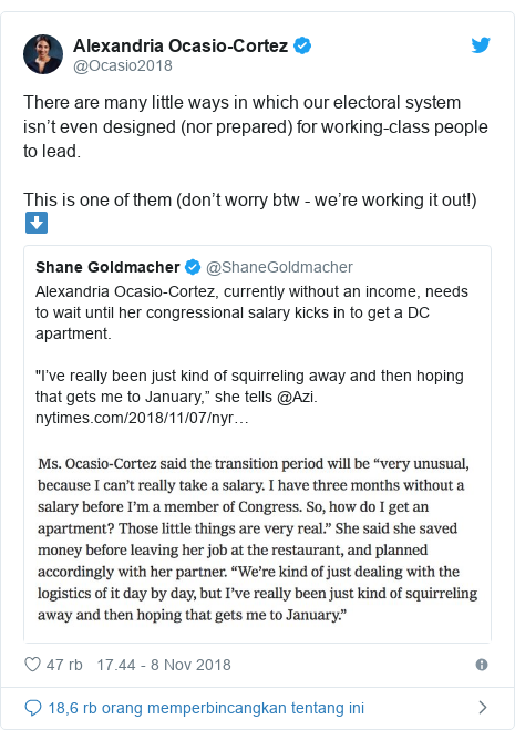 Twitter pesan oleh @Ocasio2018: There are many little ways in which our electoral system isn’t even designed (nor prepared) for working-class people to lead.This is one of them (don’t worry btw - we’re working it out!) ⬇️ 