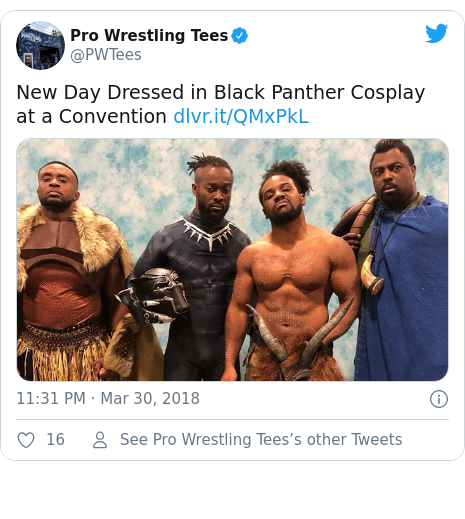 Twitter post by @PWTees: New Day Dressed in Black Panther Cosplay at a Convention