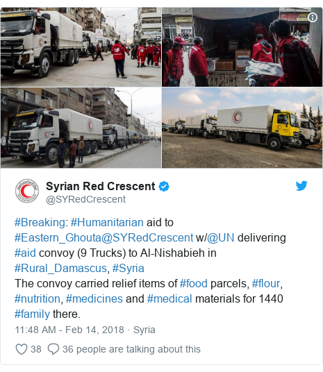 Twitter post by @SYRedCrescent: #Breaking  #Humanitarian aid to #Eastern_Ghouta@SYRedCrescent w/@UN delivering #aid convoy (9 Trucks) to Al-Nishabieh in #Rural_Damascus, #SyriaThe convoy carried relief items of #food parcels, #flour, #nutrition, #medicines and #medical materials for 1440 #family there. 