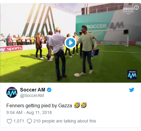 Twitter post by @SoccerAM: Fenners getting pied by Gazza 🤣🤣 