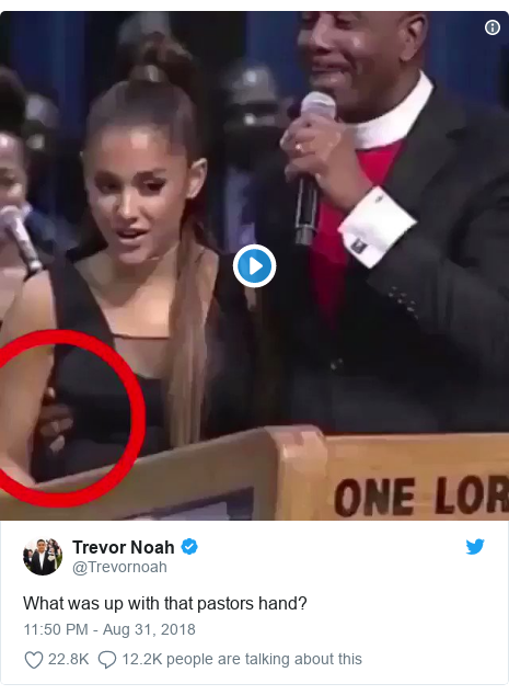Twitter post by @Trevornoah: What was up with that pastors hand? 