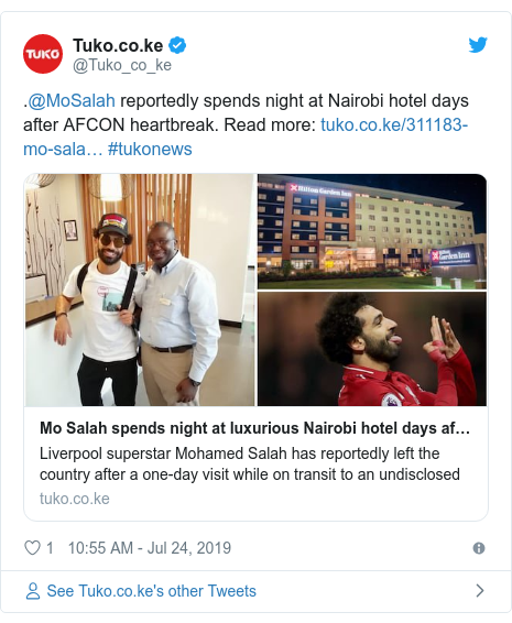 Ujumbe wa Twitter wa @Tuko_co_ke: .@MoSalah reportedly spends night at Nairobi hotel days after AFCON heartbreak. Read more   #tukonews