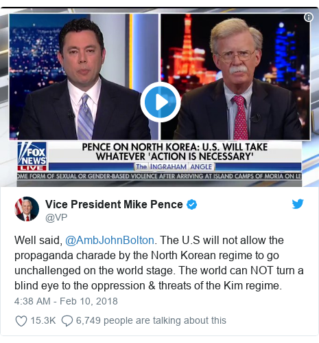 Twitter post by @VP: Well said, @AmbJohnBolton. The U.S will not allow the propaganda charade by the North Korean regime to go unchallenged on the world stage. The world can NOT turn a blind eye to the oppression & threats of the Kim regime. 