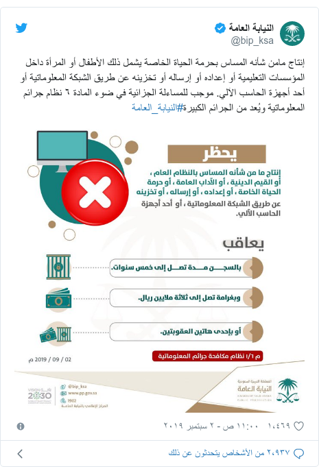 تويتر رسالة بعث بها @bip_ksa: إنتاج مامن شأنه المساس بحرمة الحياة الخاصة يشمل ذلك الأطفال أو المرأة داخل المؤسسات التعليمية أو إعداده أو إرساله أو تخزينه عن طريق الشبكة المعلوماتية أو أحد أجهزة الحاسب الآلي. موجب للمساءلة الجزائية في ضوء المادة ٦ نظام جرائم المعلوماتية ويُعد من الجرائم الكبيرة#النيابة_العامة 