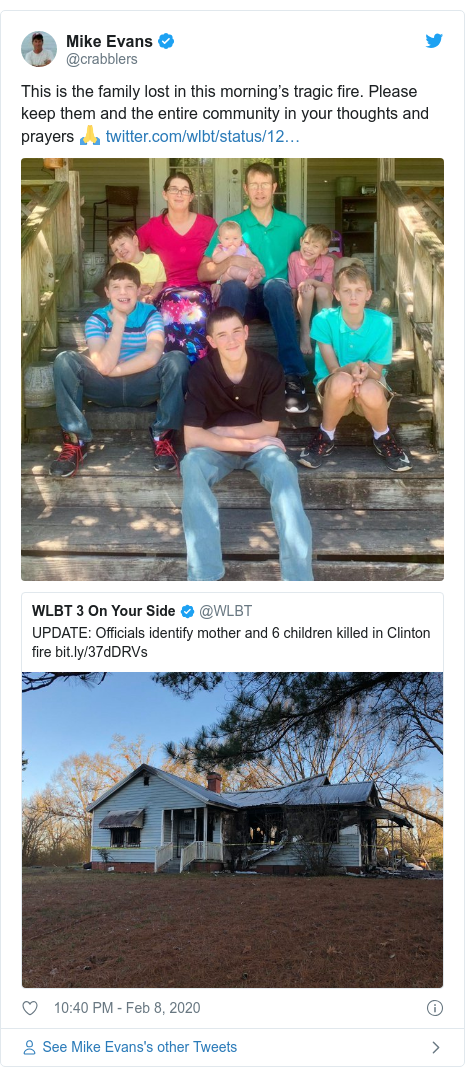 Twitter post by @crabblers: This is the family lost in this morning’s tragic fire. Please keep them and the entire community in your thoughts and prayers 🙏  