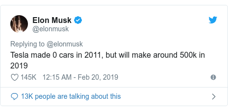 Twitter post by @elonmusk: Tesla made 0 cars in 2011, but will make around 500k in 2019