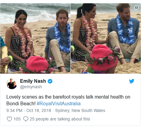 Twitter post by @emynash: Lovely scenes as the barefoot royals talk mental health on Bondi Beach! #RoyalVisitAustralia 