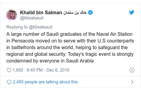 Twitter post by @kbsalsaud: A large number of Saudi graduates of the Naval Air Station in Pensacola moved on to serve with their U.S counterparts in battlefronts around the world, helping to safeguard the regional and global security. Today's tragic event is strongly condemned by everyone in Saudi Arabia